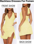 Women Sexy Halter Deep V Neck Ruched Bodycon Dress Summer Side Slit Mesh Hem Cocktail Club Party Short Mini Dresses