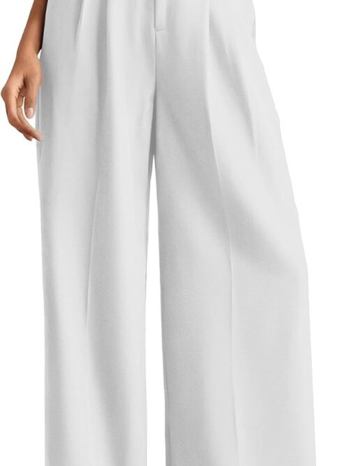 Women Casual Wide Leg Dress-Pants, High Elastic Waisted in The Back Business Flowy Trousers with Pockets