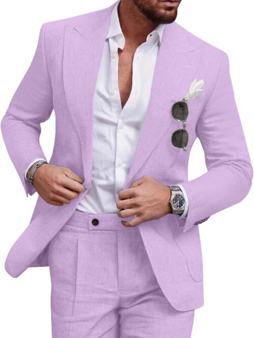 Linen Men Suit Set Casual Tuxedo 2 Piece Regular Fit Blazer One Button Solid Jacket and Pants for Prom Wedding Party