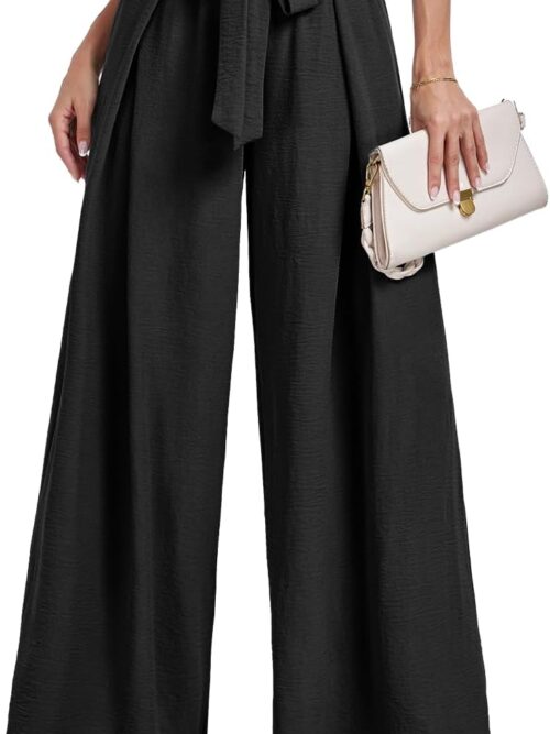 Wide Leg Pants for Women High Waisted Palazzo Pants Work Casual Flowy Tie Knot Trousers with Pockets