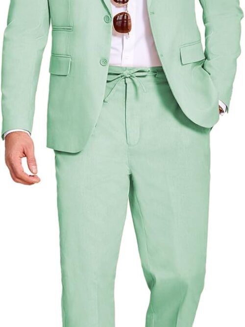 Men's 2 Piece Linen Suits Set Regular Fit Casual Lightweight Blazer Jacket and Pants