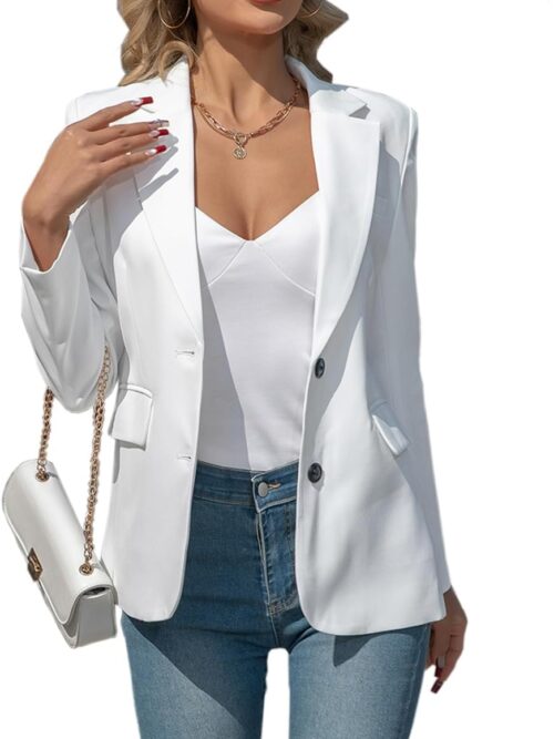 Women Blazers Business Casual Padded Shoulder Blazer - Long Sleeve Slim Fit Work Office Suit Jackets with Pockets