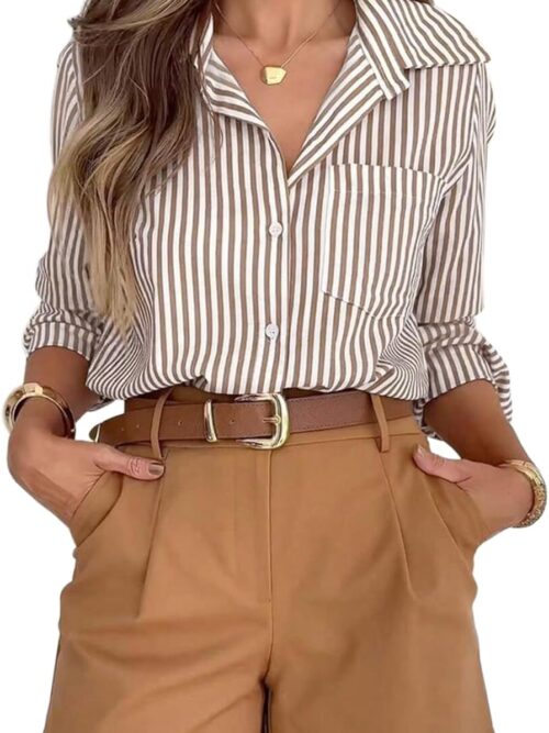 Striped Long-Sleeve Shirt — Collared with Pocket | Office & Commuter Wear | Suitable for Both Casual & Professional Settings