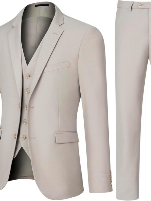 Men's Slim Fit 3 Piece Suit Set, Two Button Solid Blazer Jacket with Multi-Functional Pockets for Business/Party
