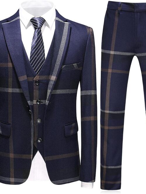 Mens Suits 3 Piece Check Plaid Suit Single Breasted One Button Jackets Formal Dress Party Prom Tuxedo Suits Blazer Set