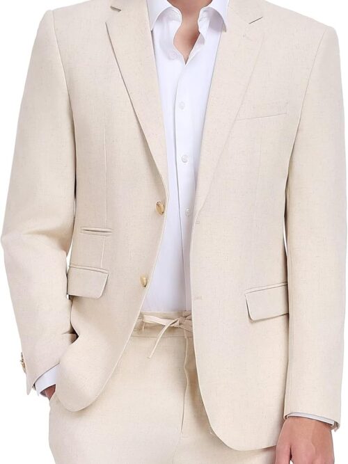 Men's Linen Suits 2 Piece Casual Regular Fit Linen Blazer Jacket and Pants for Summer Beach Wedding