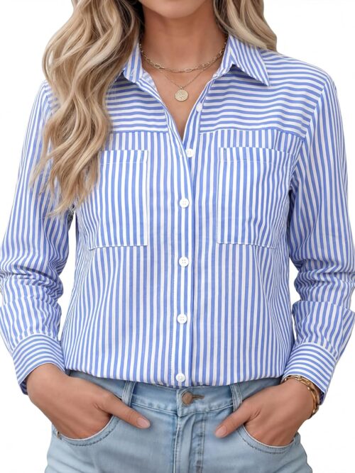 Striped Linen Long-Sleeve Shirt — Relaxed Fit with Pocket | Business Casual Style | Versatile for Office & Commuting