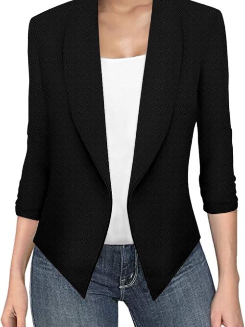 Lightweight Open Front Cardigan Classic Ruched Sleeve Work Office Blazer Suit Jackets