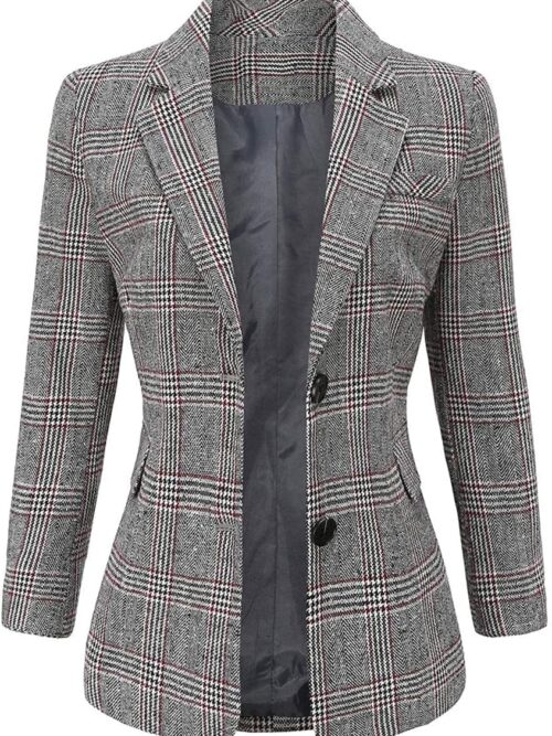 Women Notch Lapel 2 Button Boyfriend Blazer Suit Houndstooth Plaid Jacket Coat