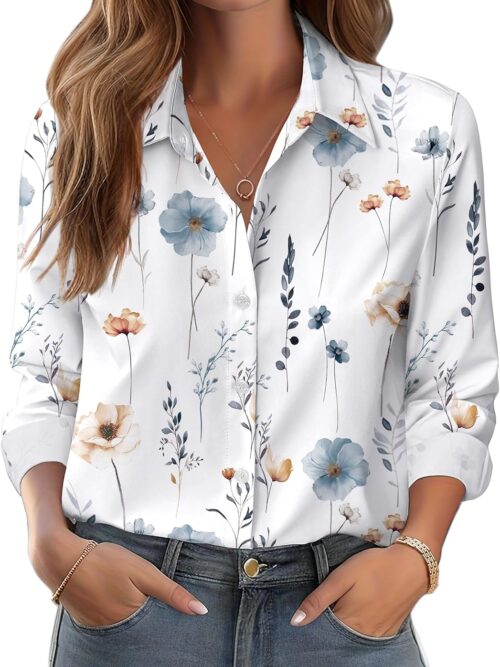 Floral Print Long-Sleeve Shirt — Delicate Pattern | Collared Design | Business Casual Commuter Wear
