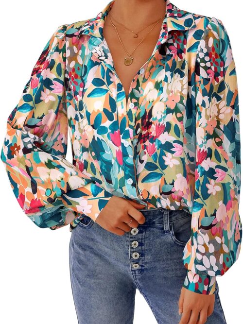 V-Neck Lantern-Sleeve Floral Shirt — Bohemian-Style Chiffon | Spring Fashion | Refined Casual Tops
